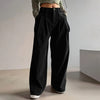 Spring Autumn Loose-Fitting Corduroy Trousers Women's Solid Color Button Pocket Corduroy Wide-Leg Pants Straight Pants
