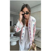 Chic Embroidery Pink Lace Up Woman Short Coat Casual Long Sleeves V Neck Jacket Autumn Lady Commuter Street Outerwear