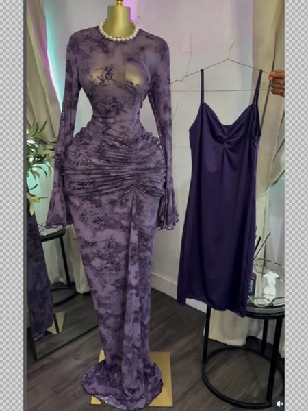 Women Mesh Stacked Ruched Long Sleeve Bodycon Midi Maxi Mermaid Dress Birthday Party Long Dresses Vestidos