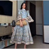 Retro Floral Print Women's Long Dress With Tassel Belt Stand Collar Long Sleeve Muslim Kaftan Dresses Spring Lady Robes
