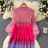 Tassel Patchwok Color Block Dress for Women Pleated Puff Sleeve Mid-calf Dresses Female Autumn