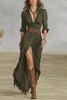 Vintage Solid Single Breasted Slit Long Dresses Women Lapel Belted Slim Pleated Long Sleeve Bohemian Irregular Maxi Dress