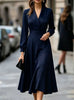 Autumn Women's Notched Work Long Sleeve Maxi Dress Wrap Waist A Line Midi Dress Elegant Long Party Dress Robe Femme