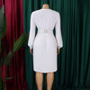 Elegant Dresses Woman V Neck Full Sleeve Pleated Mid Calf Belt Waisted African Female Birthday Party Dress