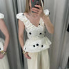 Polka Dot Puff Sleeve Dress Women's V-neck Waist Cinching Pleated Mini Dresses Spring Lady Elegant Casual Wear