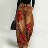 Women Faux Denim Wide Leg Pants High Waist Floral Print Eyelet Hole Decor Loose Baggy Trousers Vintage Street Long Pants