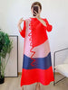Long Pleated Dress For Women Round Neck Color Block Loose Style Printing Elegant Ladies Festival Party Clothing 2R8600