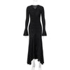 Women Elegant Ruffle Hem White Long Dress Shirring V-neck Flare Long Sleeve Dresses Evening Party Robes Vestido