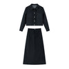 Women's Vintage Elegant Denim Skirt Set Long Sleeve Lapel Denim Jacket Split A-line Skirt Office Lady Denim Suits M8307