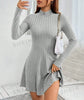 Women's Slim Fit Half High Collar Waist Cinched A-Line Skirt Long Sleeved Pit Stripe Dress