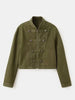 Green Napoleon Short Jeans Jacket Women's Chic Stand Collar Long Sleeve Zipper Crop Coat Lady Fall Daily Street Outwear