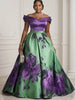 Women Plus Size Dress Off Shoulder Satin A Line Ball Gown Floral Print Formal Evening Prom Elegant Wedding Guest Maxi Dress