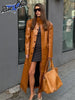Embossed Faux Leather Trench Coats Women Chic Lapel Single Breasted Straight Long Front Pockets Jackets Vintage Autumn Winter