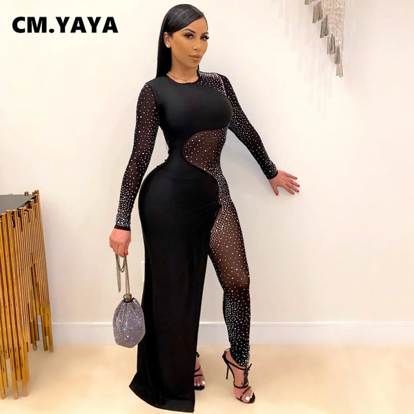 Rhinestones Mesh See Though Dress Style Jumpsuit Women Sexy Club Partywear One Piece Overall Rompers Fall winter