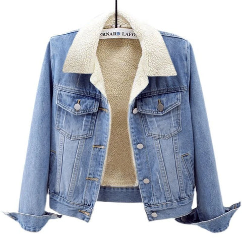 Fleece Warm Winter Jean Jacket Female Pockets Button Soft Warm Outerwear Slim Denim Coats For Women