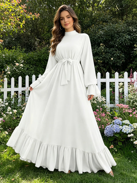 Elegant Solid Color Long Sleeve Dress Casual Loose Strap Round Neck Flared Skirt Patchwork Pleated Gown for Women