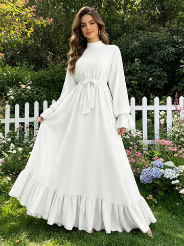 Elegant Solid Color Long Sleeve Dress Casual Loose Strap Round Neck Flared Skirt Patchwork Pleated Gown for Women