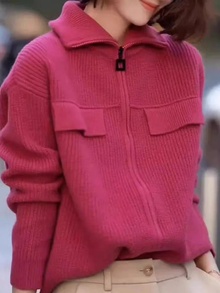 100% pure cashmere cardigan in autumn and winter women's Polo collar cashmere rose red coat knitted hooded sweater