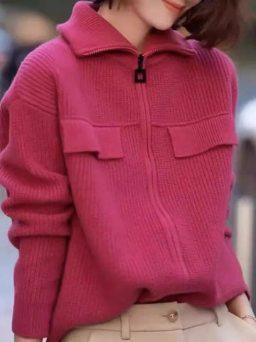100% pure cashmere cardigan in autumn and winter women's Polo collar cashmere rose red coat knitted hooded sweater