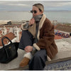 French Vintage Lamb Wool Women Coat Patchwork Full Sleeve Lapel Parka Coat Loose Winter Warm Jacket Thicken Pocket Lady Overcoat