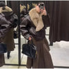 Ladies Winter Retro Fur Collar Leather Jacket V‑Neck Full Lapel Long Sleeve Double Breasted Urban Warm Casual Outer