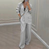 Casual Women's Suit Set Autumn Sexy Turn down Collar Button Blazer & Straight-leg Pants Set Winter Solid Long Sleeve Chic Outfit