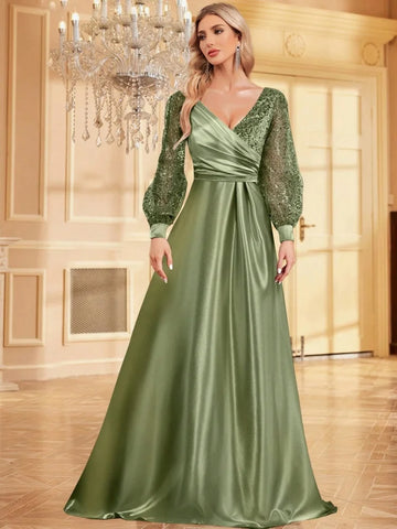 Blue V-Neck Sequin Evening Dress Elegant Women Party Maxi Dress Long Sleeve Cocktail Dress Prom Gown