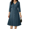 Women's Pleated Midi Dress Elegant V-Neck 3/4 Sleeve Button Up A-Line Dresses Office Commuting Wear Woman Clothing S-3XL