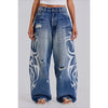 Deeptown Vintage Y2k Ripped Jeans Women Harajuku Print Blue Baggy Distressed Denim Trousers Hip Hop Grunge Streetwear Wide Jeans