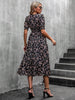 Women's Floral Print Puff Sleeve Dress, Round Neck Waist Tie Design, Boho Style Woven Fabric, All Season Wearable