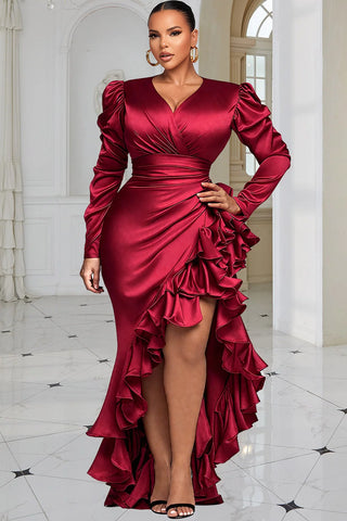 Satin Plus Size Maxi Evening Dress Deep V Puff Sleeve Ruched Waist Slit Asymmetric Ruffle Train Women Wedding Guest Dress