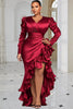 Satin Plus Size Maxi Evening Dress Deep V Puff Sleeve Ruched Waist Slit Asymmetric Ruffle Train Women Wedding Guest Dress