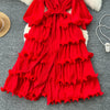 High End Party Ruffles Runway Dresses Women Lantern Sleeve Lace-up Loose Stretch Celebrity Beautiful Long Dress