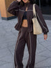 Women Black Track Suit Jacket Two Piece Suit Zip Up Cinch Waist Coat Wide Leg Pants Lady Autumn Street Matching Set