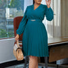 Elegant Dresses Woman V Neck Full Sleeve Pleated Mid Calf Belt Waisted African Female Birthday Party Dress