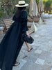 Black Lace-Up Dresses Woman Elegant Square Neck Long Sleeve Dresses Casual High Waisted Ankle-Length Dress