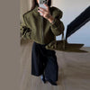 Double Zip Rib Collar Women Cropped Jacket Long Sleeve Side Pockets Loose Oversized Solid Autumn Coats Daily Chic Jackets