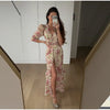Floral Printed Chiffon Long Dress Women Chic Deep V-neck Lace Patchwork Mini Sleeves Slim Fit Dresses Lady Daily Wear