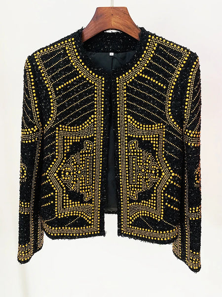 High Street F/W Designer Jacket Women's Metal Rivet Beaded Tweed Jacket