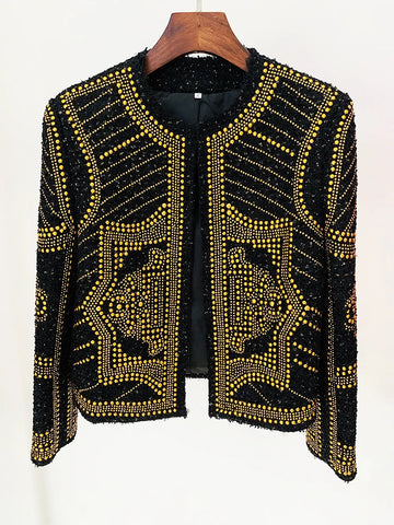 High Street F/W Designer Jacket Women's Metal Rivet Beaded Tweed Jacket