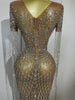 Luxery Sparkly Rhinestones Tassel Transparent Mesh Stretch Long Dress Women Evening Celebrate Birthday Dress Sexy Stage Costumes