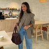 Women's Blazer Stand Collar Full Sleeve Single Button Female Plaid Blazers Autumn Chic Casual Commute Lady Coat