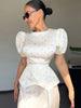 Women's White Floral Print Puff Sleeve Dress With Waistband Satin Ruffled Hem Maxi Dress Lady Elegant Party Robes
