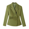 Olive Green Asymmetric Blazer & Pants Set – Women's Ruched Waist Suit Two Piece Office Lady Autumn