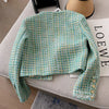 Elegant Green Plaid Tweed Jacket Women French Vintage Spring Autumn Casual Blazers High Street Short Suit Coat