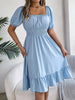 Solid Puff Sleeve Square Neck Ruched Bust Ruffle Hem Wasit Dress, Women's Clothing