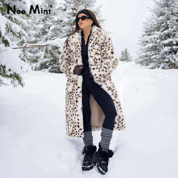 Maxi Long Leopard Belted Faux Fur Coat Women Winter Brand Mob Wife Vibe Fox Fur Jacket Overcoat