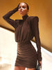Elegant Shoulder Padded Dress Women Turtleneck Ruched Sexy Classic Office Commute Simple Peach Hip Slim Mini Bodycon