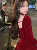 Women's Slim Fit A-line Velvet Dress Christmas Clothes Square Collar Long-sleeved Red Sweet Girl Autumn Winter