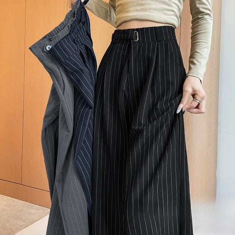 Autumn Vintage Striped Loose Women's Wide Leg Pant Button Spring High Waist Female Straight Office Full Length Trousers